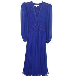 WAYNE‎ CLARK Vtg 80s Royal Blue Chiffon Draped Dress Sz 6 Flowy Holiday Wedding